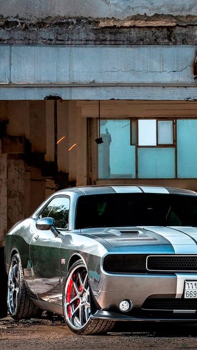 Sleek Silver Dodge Challenger with Racing Stripes