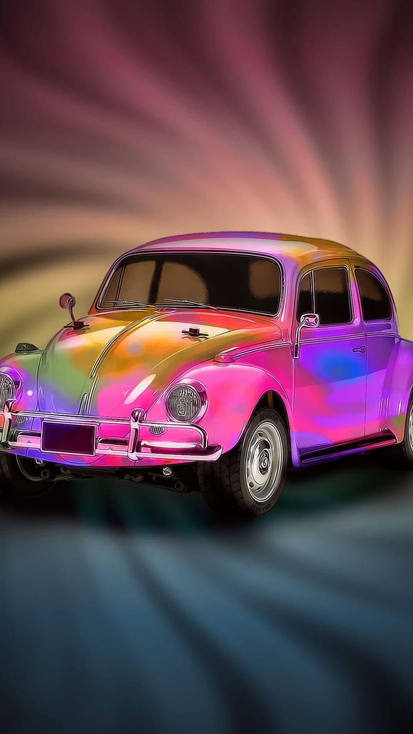 Volkswagen Beetle featuring swirling pink and orange tie-dye patterns against a yellow sunburst background.