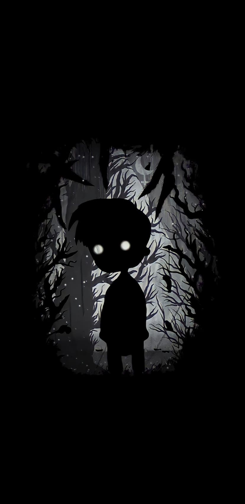 Silhouette of a boy with glowing white eyes standing in a dark, skeletal forest with a deep black background.