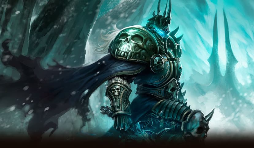 The Lich King in ornate skull armor with glowing blue eyes stands before a frozen, misty citadel landscape.