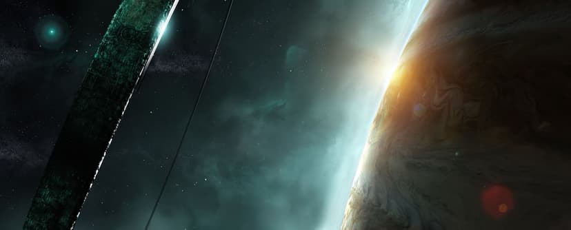 Giant green-textured space ring orbiting a brown gas giant planet under a bright solar flare in deep space.