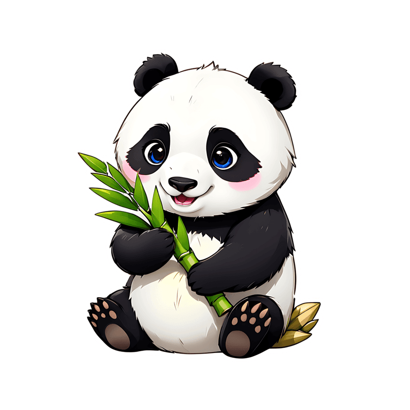 Panda bear sticker illustration sitting front facing holding green bamboo with glossy shading and blue eyes.
