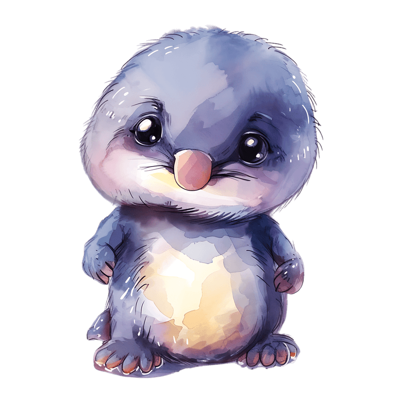 Watercolor penguin chick featuring soft grey downy feathers and a pink beak isolated on a transparent background.