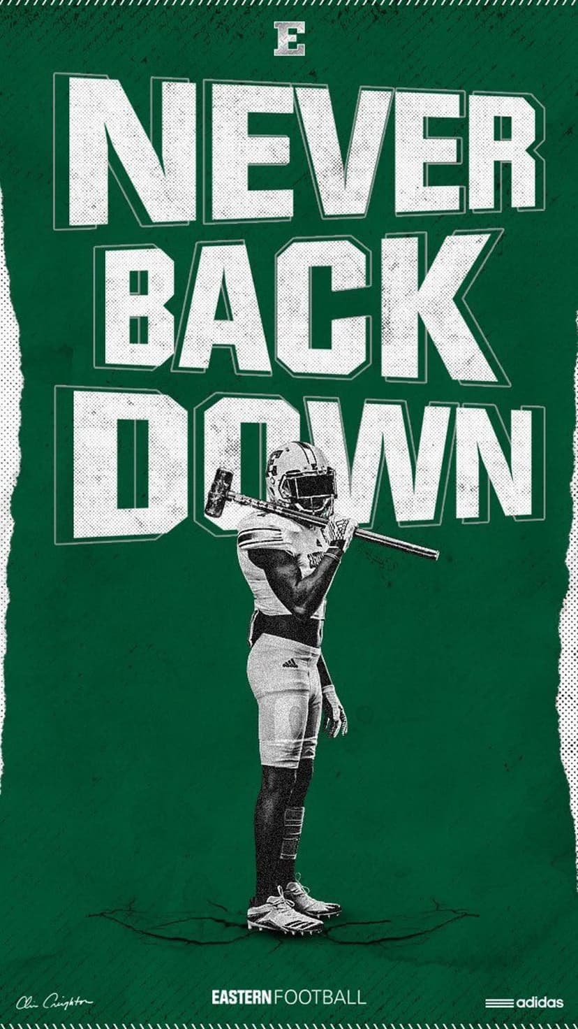 Football player in a helmet holds a sledgehammer over his shoulder with Never Back Down text on a green background.