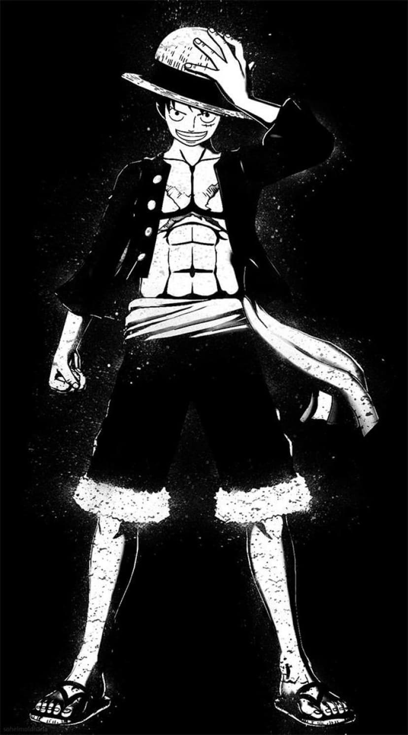 Monkey D. Luffy wearing a straw hat with shadows defining his torso in a high-contrast monochromatic style.
