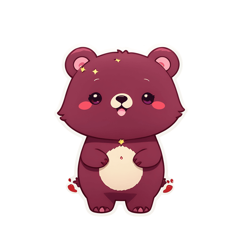 Maroon bear sticker character with purple eyes, yellow stars, and white outline posing against a plain background.