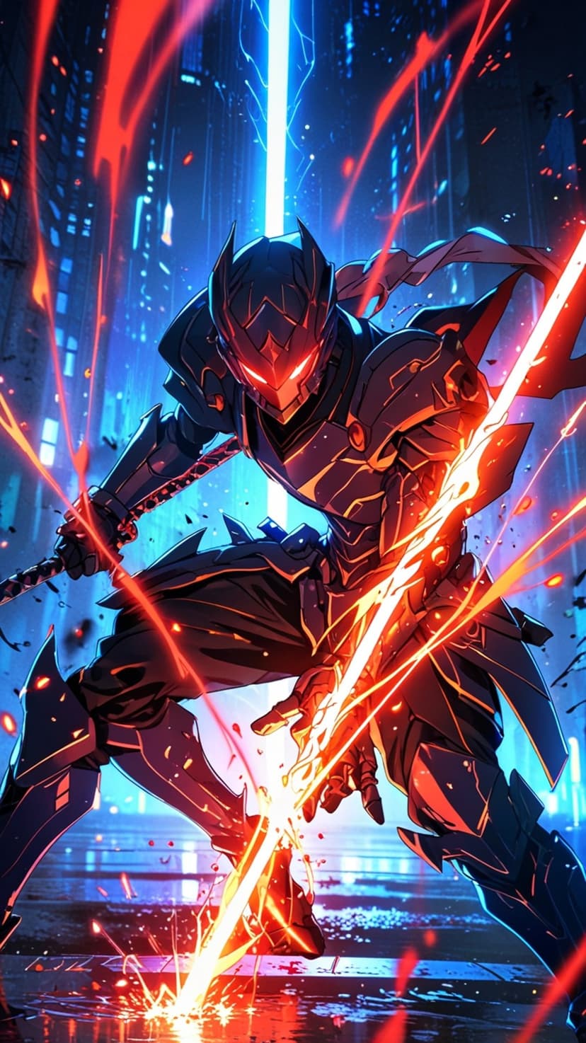 Cybernetic ninja in black armor wielding twin glowing red energy blades on a rain-slicked neon street at night.