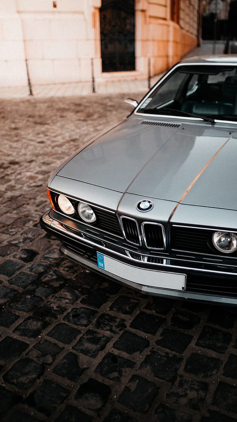 Vintage silver BMW grille and chrome headlights parked on a gray cobblestone street against a stone building.