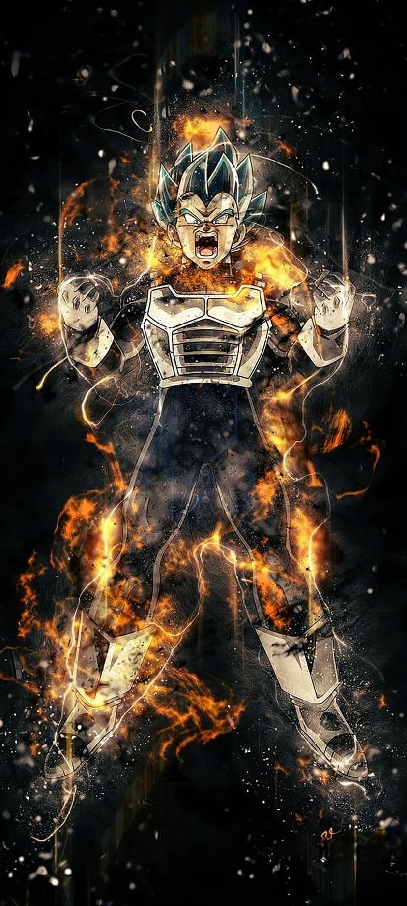 Vegeta stands within a swirling blue fire aura, his hair glowing cyan against a dark particle-filled background.
