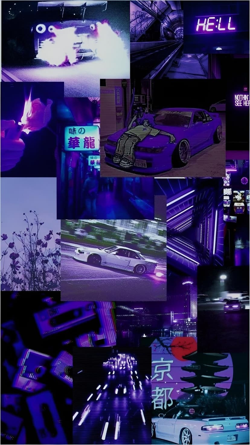 Modified sports cars drift through a neon city beside a cassette tape and anime girl in a purple synthwave collage.