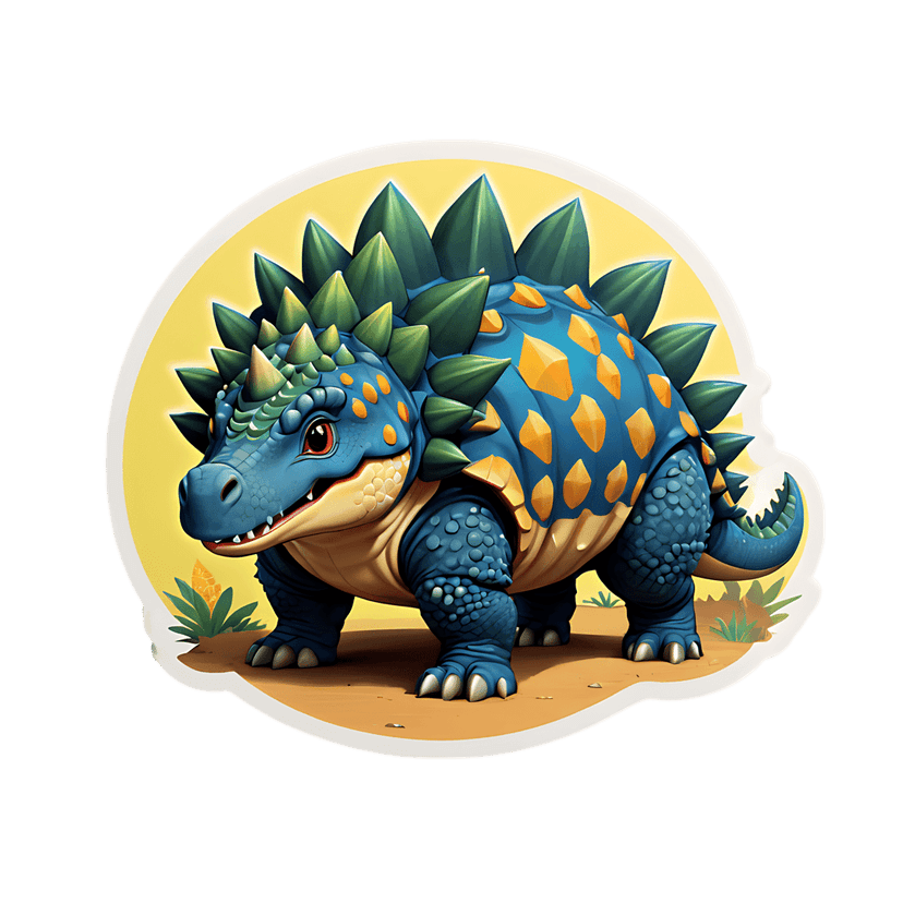Blue stegosaurus dinosaur sticker featuring yellow dorsal plates and green spikes on a yellow circular background.
