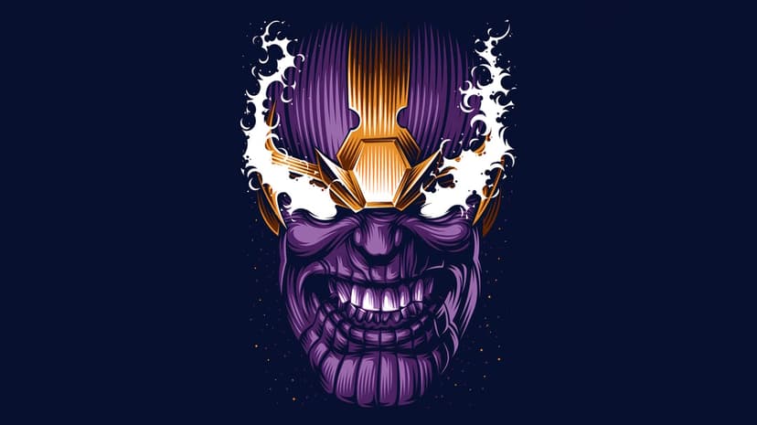 Thanos comic illustration features the titan in metallic gold armor wearing the infinity gauntlet in space.