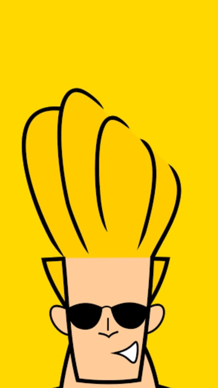 Johnny Bravo with a tall blonde pompadour and black sunglasses smirks against a solid bright yellow background.