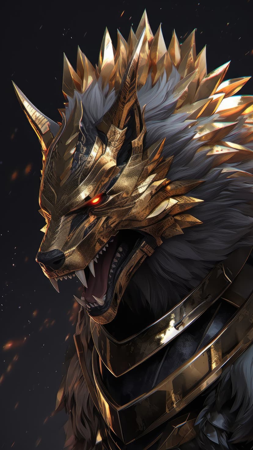 Wolf warrior in spiked gold armor stares intensely with glowing red eyes amid dark smoke and floating embers.