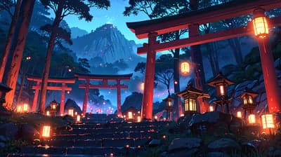 Sacred Japanese Torii Path Lantern Glow Mobile Background