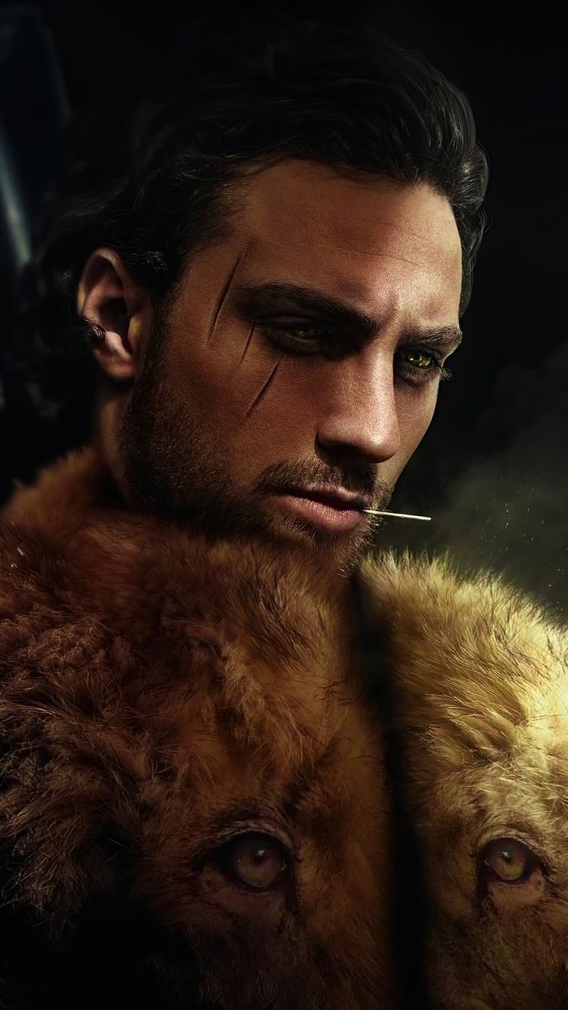 Scarred man with emerald eyes and a wispy beard wearing a heavy fur coat against a dark, moody background.