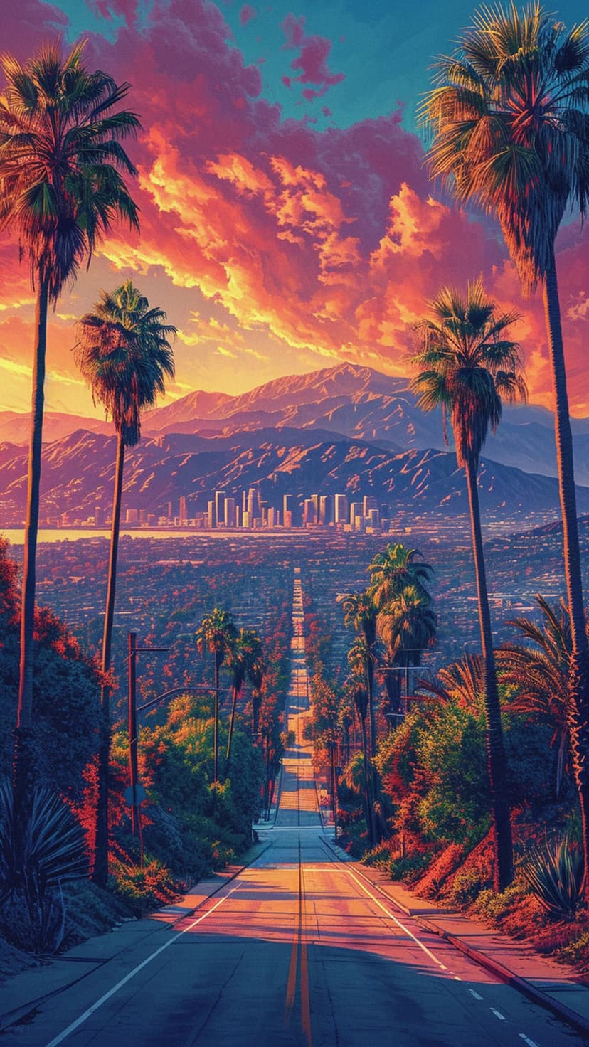Tall palm trees frame a winding road and the Los Angeles skyline under a vibrant purple and orange sunset sky.