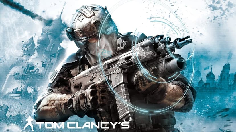 Soldier in tactical gear holding a rifle with blue holographic circles against a smoky city background.