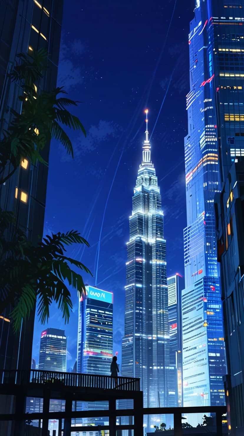 A lone silhouette stands on a high balcony overlooking a neon-lit futuristic city with tropical palm trees.