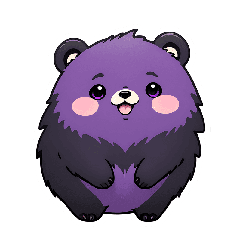 Purple bear sticker illustration features fluffy violet fur, large dark eyes, and a white die-cut border.
