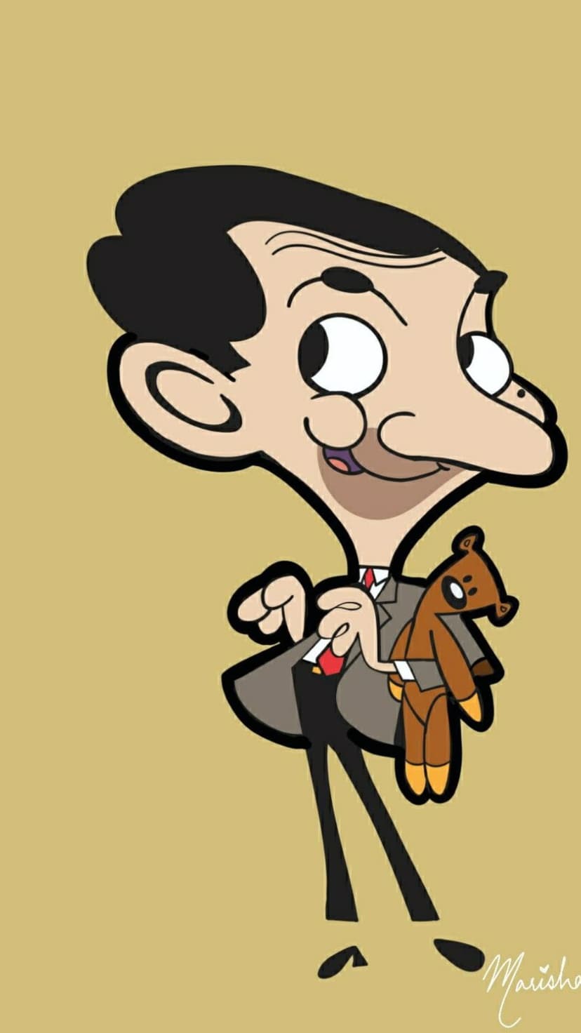 Mr. Bean in a brown tweed suit hugs a knitted teddy bear against a solid warm beige background.