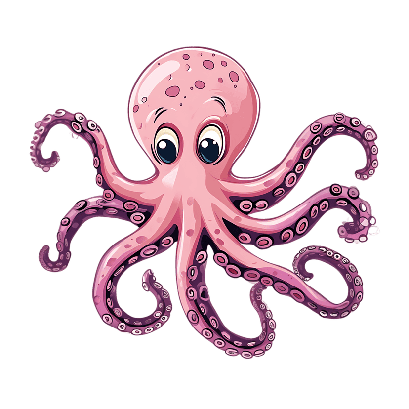 Pink octopus cartoon character with purple suction cups and large reflective eyes against a clear background.