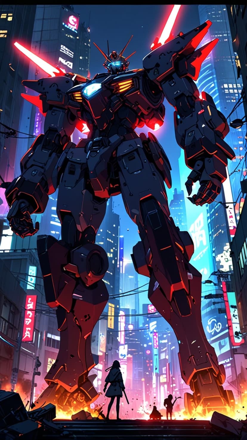 Giant black robot with red glowing lights fires lasers at a futuristic city while people watch from wreckage.