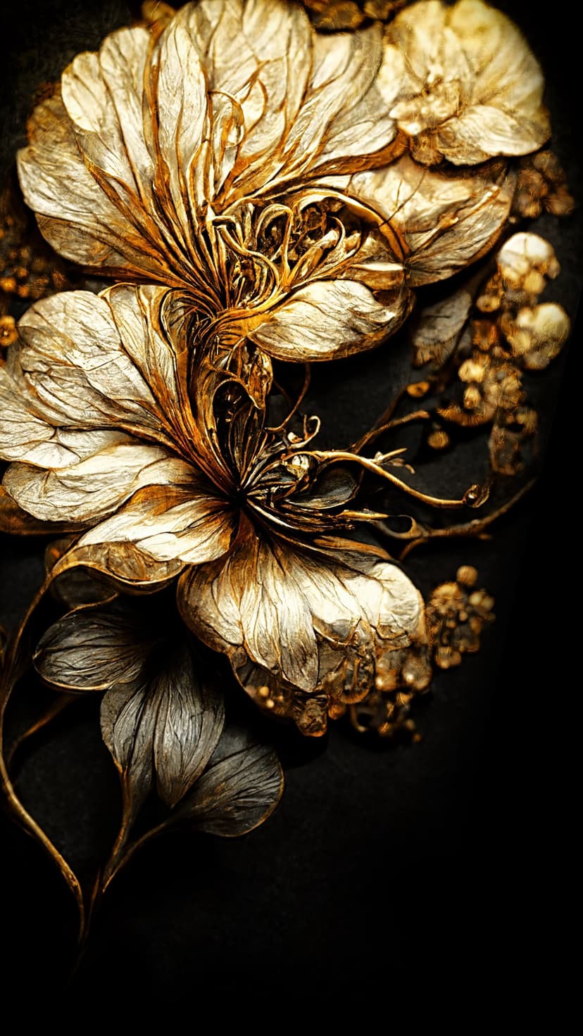 Gold and silver metallic flowers with textured petals layered against a solid black backdrop in high contrast.