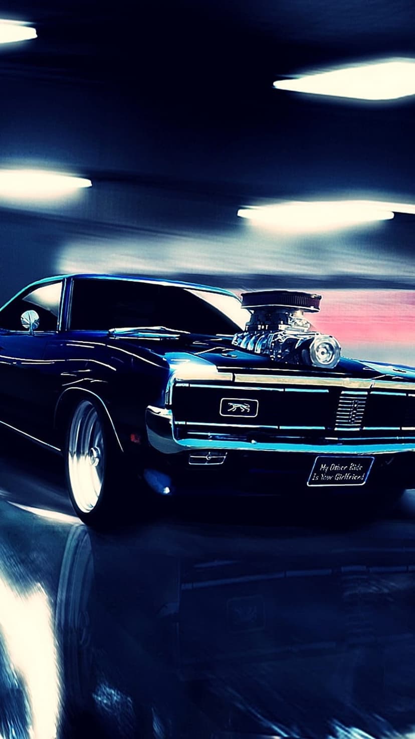 Midnight Blue Supercharged Muscle Car Mobile Wallpaper