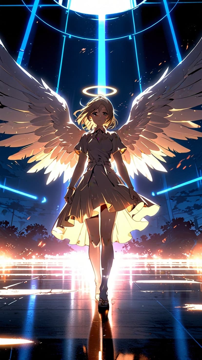 Angelic girl with glowing wings ascends a dark futuristic staircase amidst blue laser beams and floating sparks.