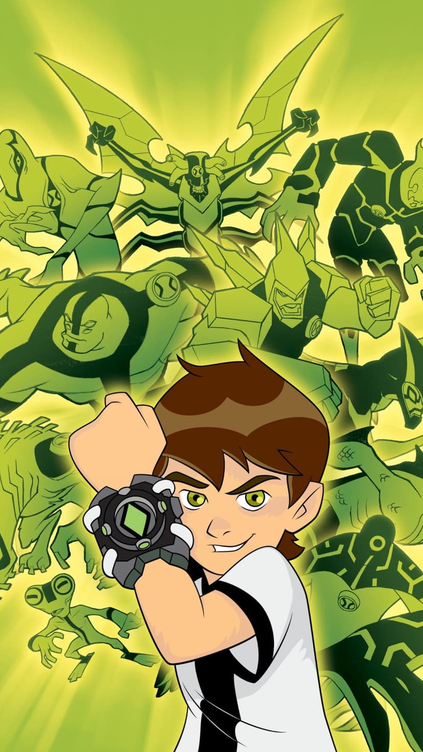 Ben Tennyson wearing the Omnitrix is surrounded by Four Arms and Diamondhead on a bright green backdrop.
