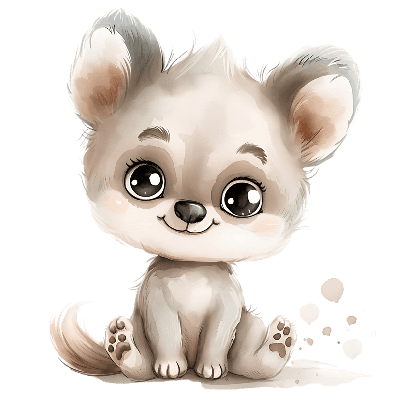White fluffy dog watercolor illustration sits with front paws visible against a solid black background.