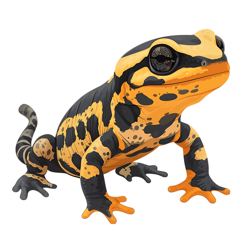 Yellow and black frog illustration with intricate skin patterns and glossy eyes isolated on a transparent layer.