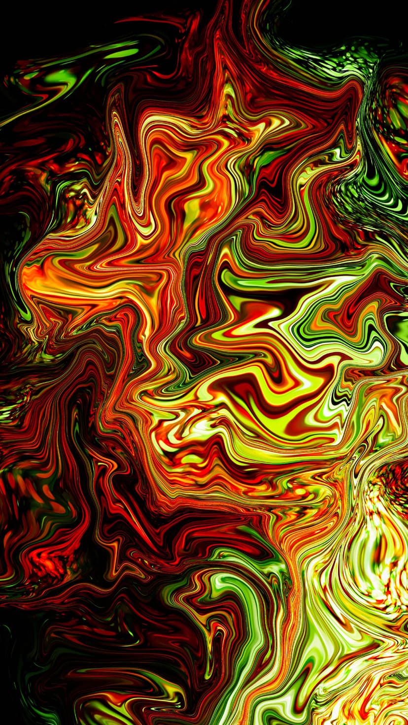 Swirling ribbons of fiery red and electric green paint mix together in a fluid, psychedelic marble pattern.