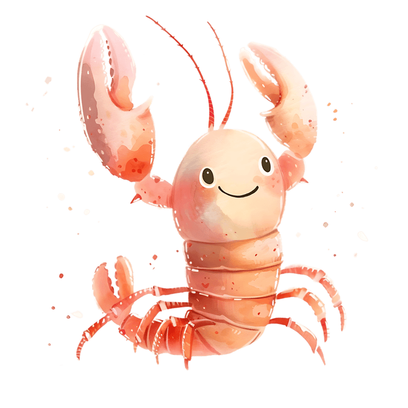 Watercolor pink lobster illustration with large claws and orange segments on a black background with yellow dots.