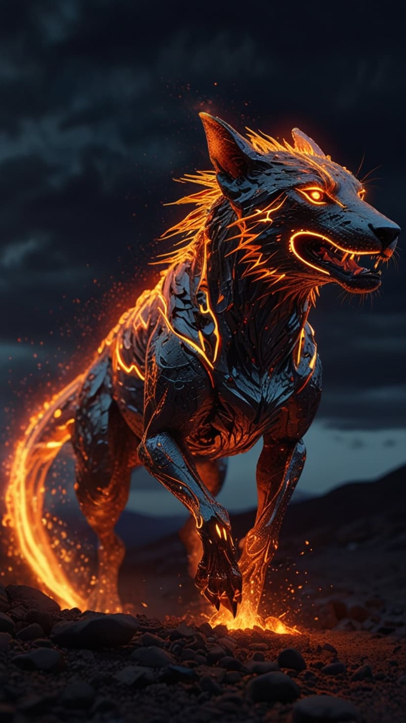 Wolf creature with glowing orange eyes and molten markings stands in a smoky, dark rocky landscape with embers.