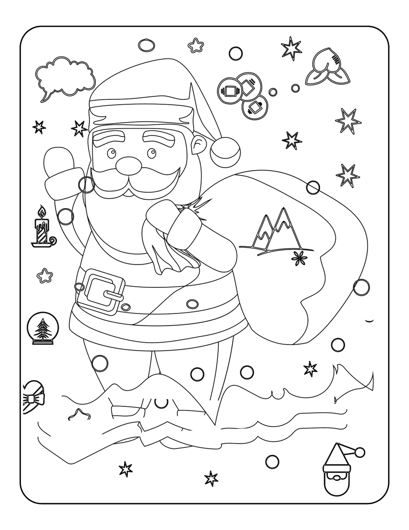 Christmas coloring page shows Santa Claus holding a gift sack near a snow globe, candle, and hanging stars.