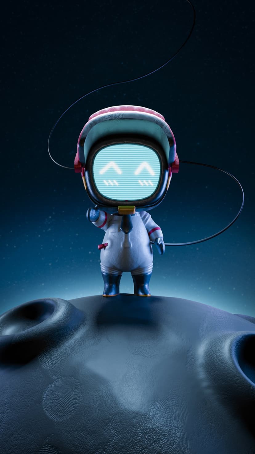 Robot astronaut with a smiling screen face waves while standing on the rocky moon surface under a starry sky.