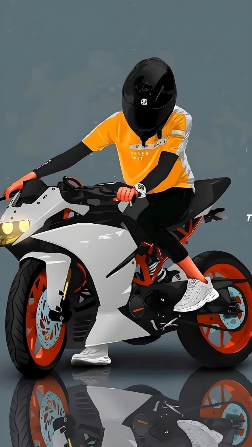 Motorcyclist wearing a yellow shirt and black helmet rides a white sports bike with orange rims on a gray surface.
