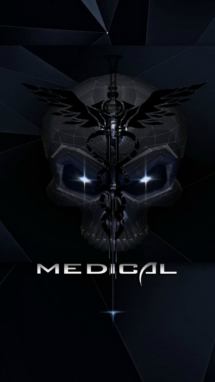 Human skull with glowing blue eyes behind a caduceus symbol and medical text against a dark geometric backdrop.