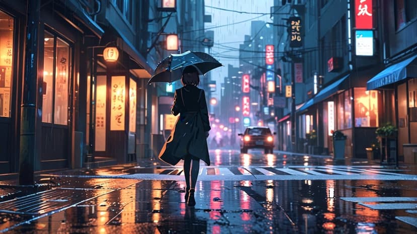 Woman with an umbrella walks down a wet Tokyo street illuminated by vibrant neon signs and car headlights.