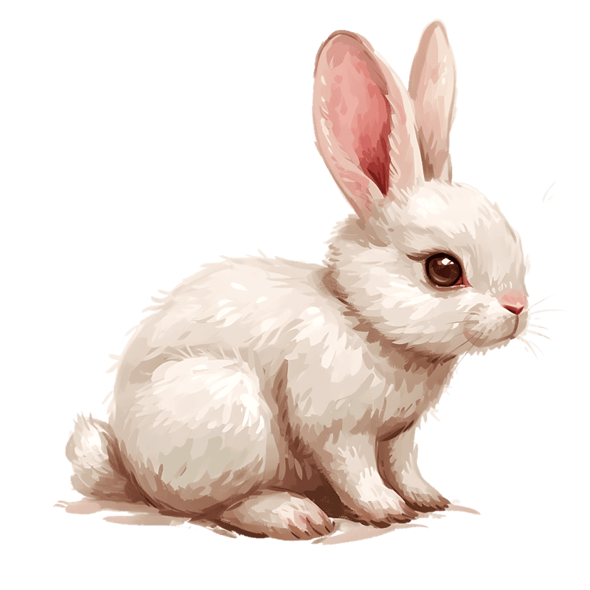 White rabbit watercolor illustration sits against a black background with soft fur texture and large pink ears.