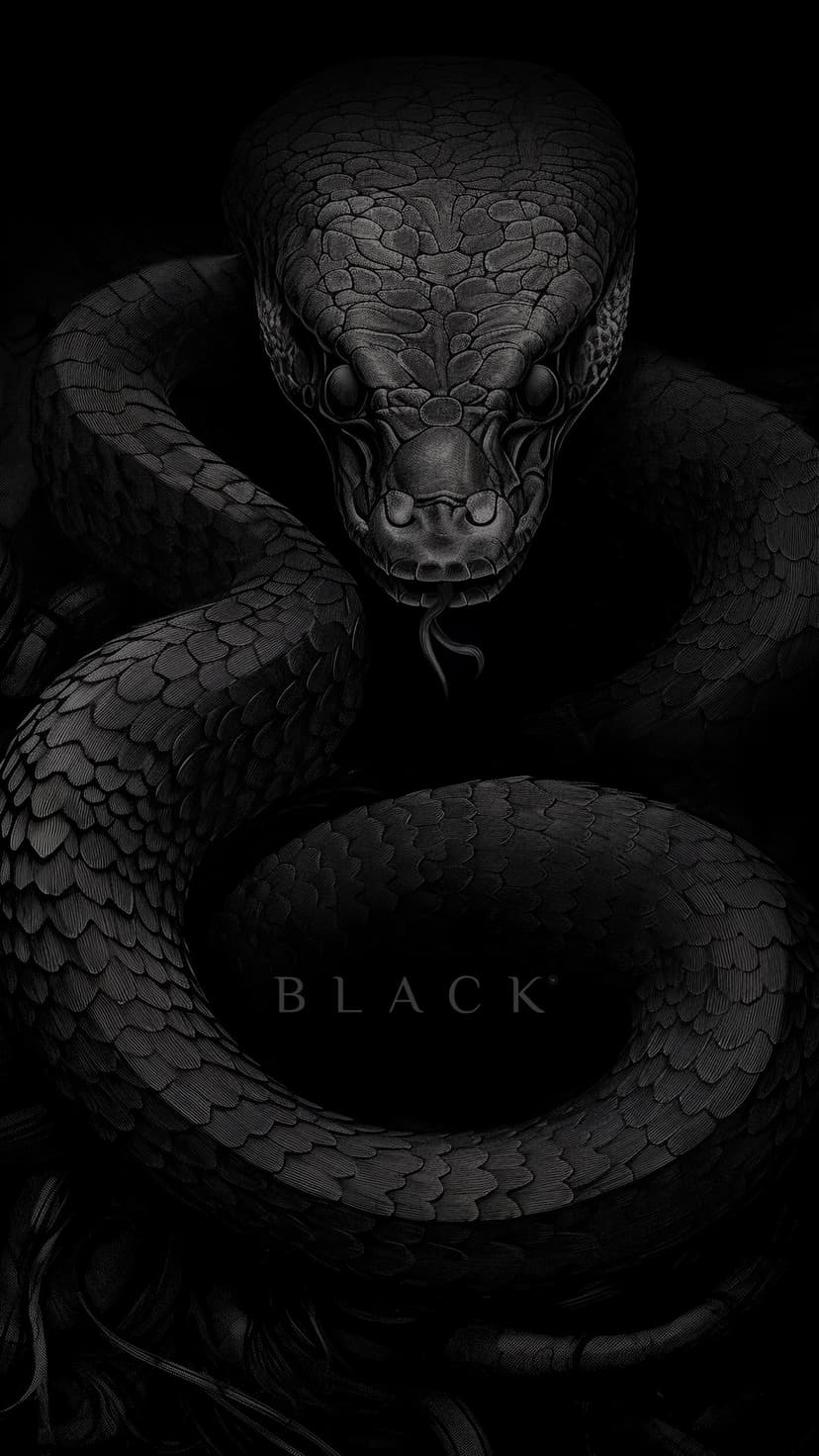 Black snake coiled in shadows with the word BLACK integrated into a dark, monochromatic vertical composition.