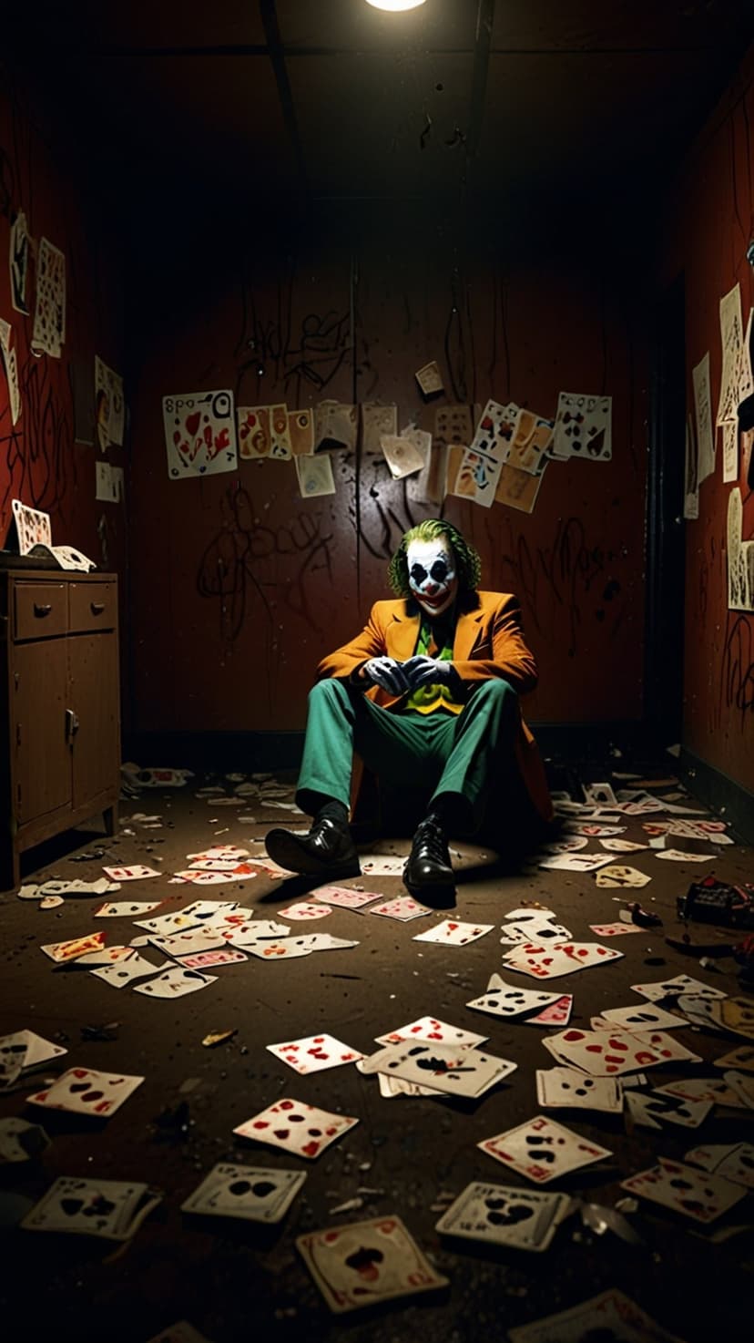 Joker with green hair and white face paint sits on a dark floor covered in playing cards amidst graffiti walls.