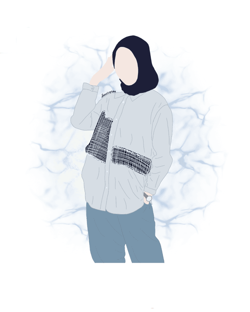 Person in a dark hijab and blue shirt stands before soft blue abstract ripples with a watch on their wrist.