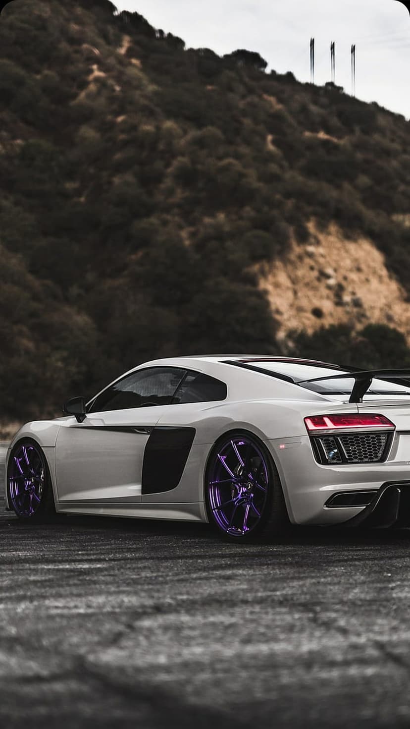 Audi R8 supercar with custom purple wheels parked on a mountain road from a low-angle rear perspective.