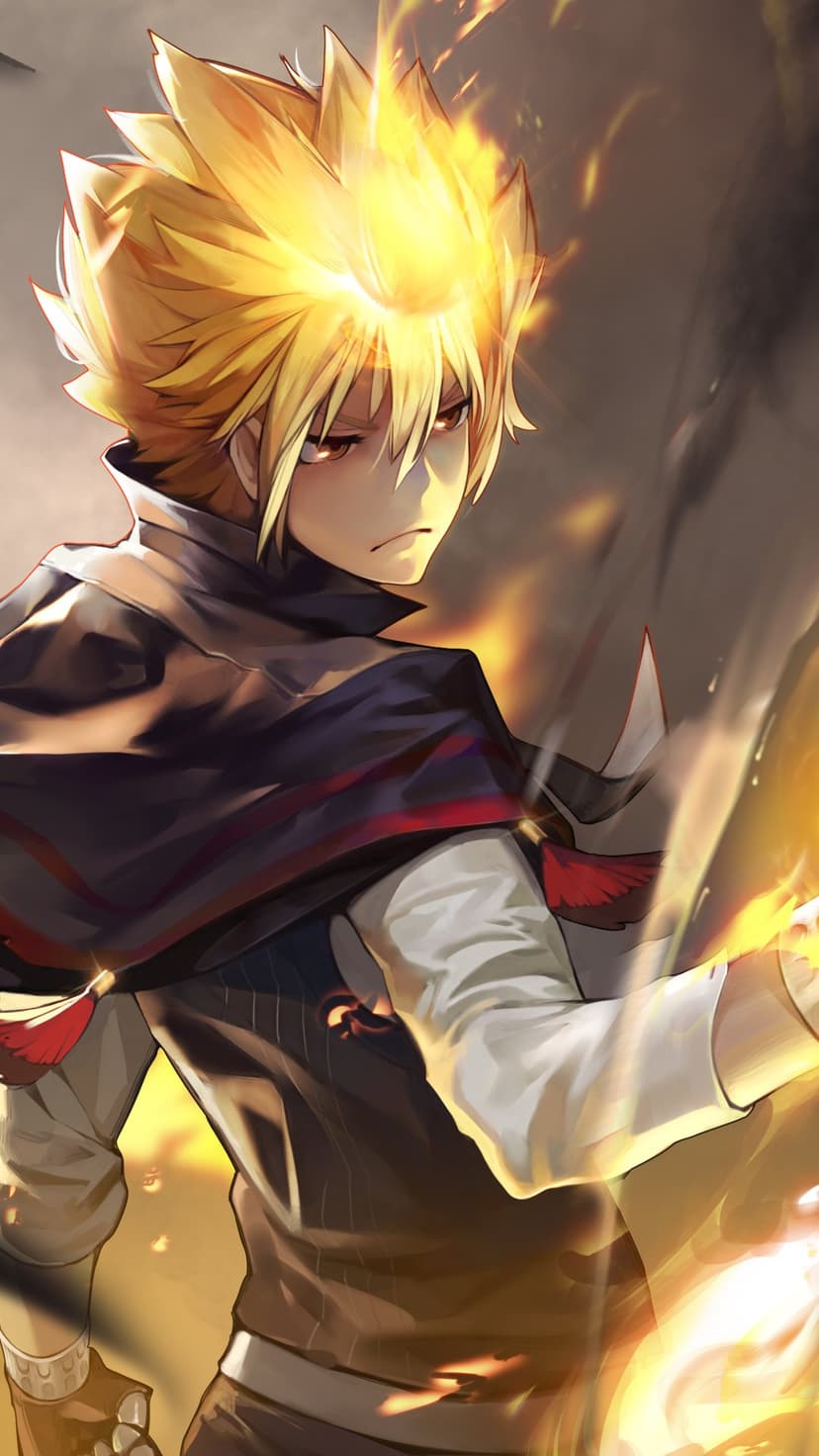 Tsuna Sawada with an orange flame on his forehead and glowing hands against a dark, energetic backdrop.