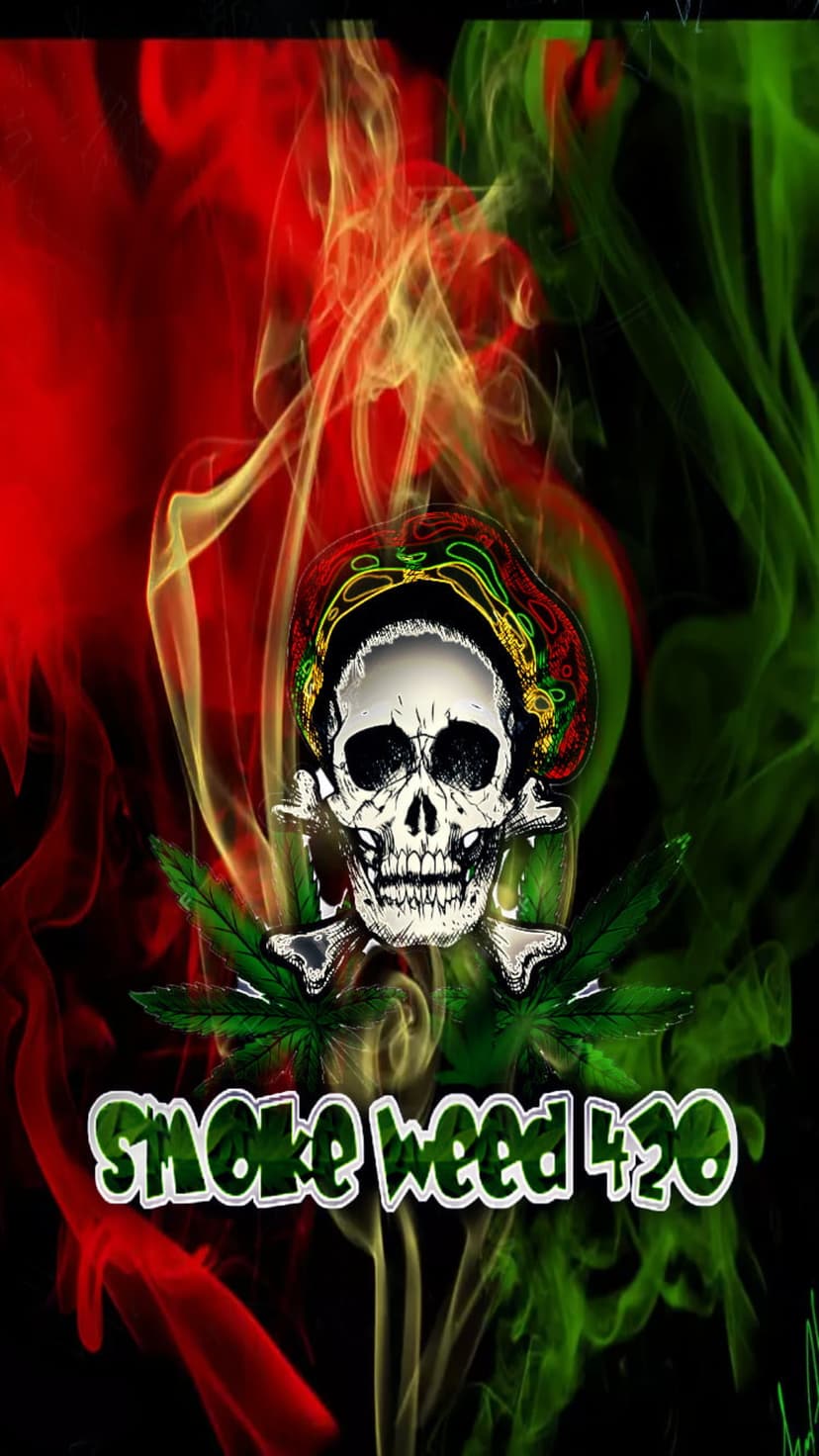 Weathered human skull and crossed bones enveloped in swirling red and green smoke with stylized 420 typography.