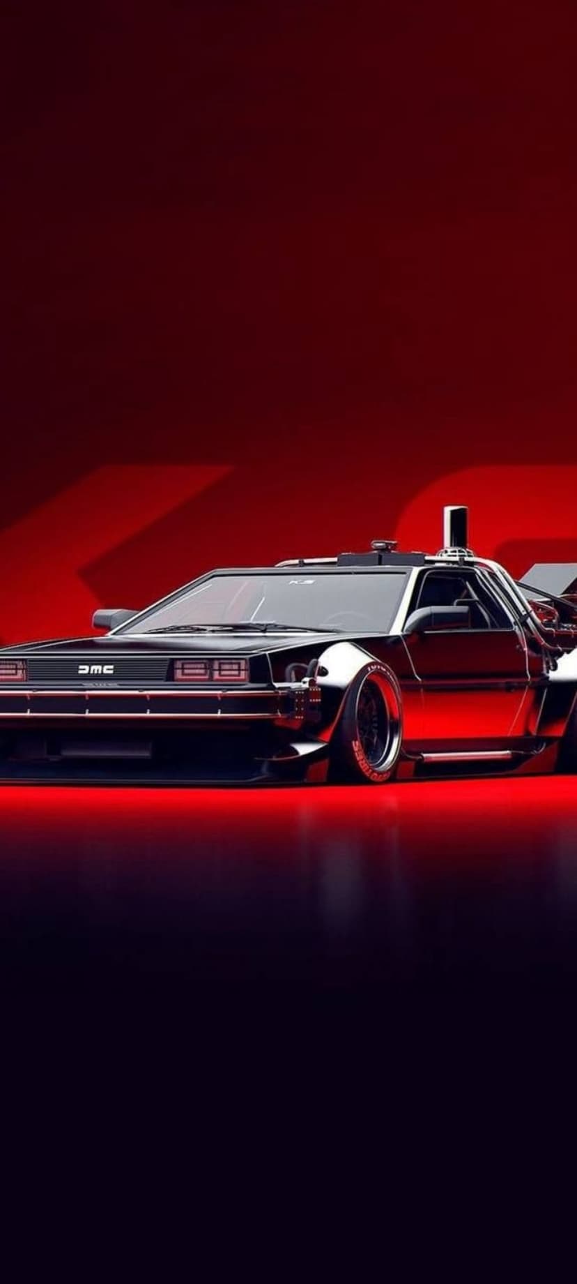 DeLorean DMC-12 with glowing red light strips and gull-wing doors sits against a dark crimson gradient background.