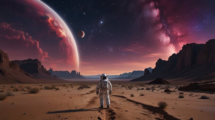 Astronaut in a white suit stands on a rocky alien surface looking at a massive glowing red planet in space.